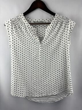 Women’s Daniel Rainn Small White Blouse w/ Gray Polka Dot & Stripes